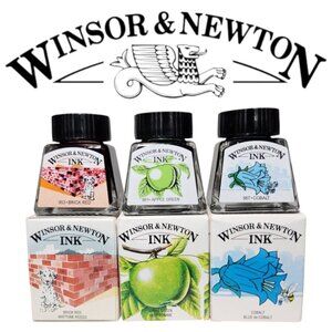 3X Winsor & Newton Drawing Ink 14ml Bottle Blue Red Green Shimmer NEW Art Suppli